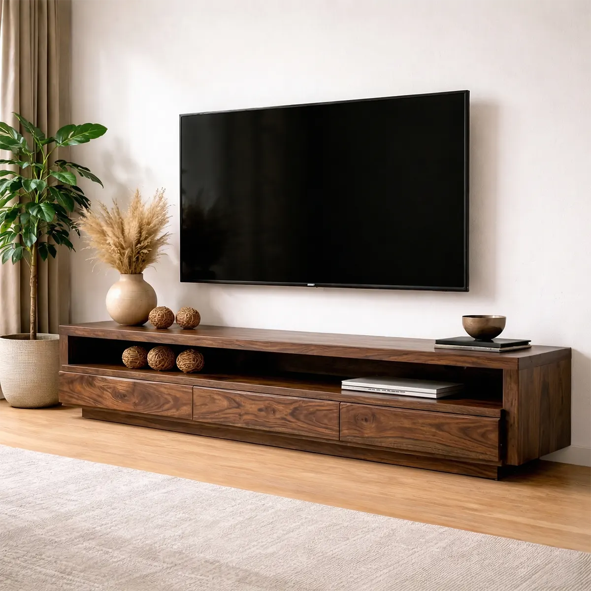 Handcrafted Solid Wood TV Stand with Full-Length Open Shelf and Hidden Drawer Storage - Rustirawood