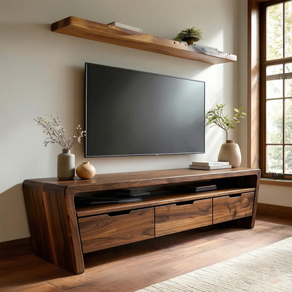 Handcrafted Solid Wood TV Stand with Rounded Frame and Hidden Drawer Storage - Rustirawood