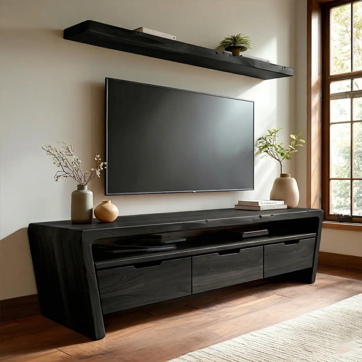 Handcrafted Solid Wood TV Stand with Rounded Frame and Hidden Drawer Storage - Rustirawood