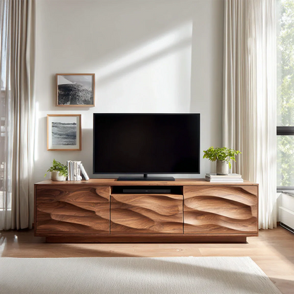 Handcrafted Solid Wood TV Stand with Sculpted Wave Cabinets and Center Media Storage - Rustirawood
