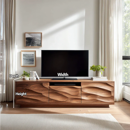 Handcrafted Solid Wood TV Stand with Sculpted Wave Cabinets and Center Media Storage - Rustirawood