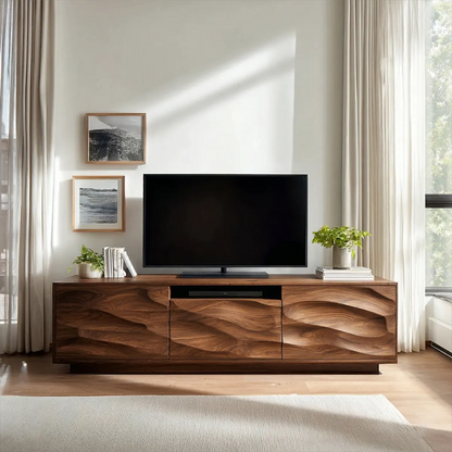 Handcrafted Solid Wood TV Stand with Sculpted Wave Cabinets and Center Media Storage - Rustirawood