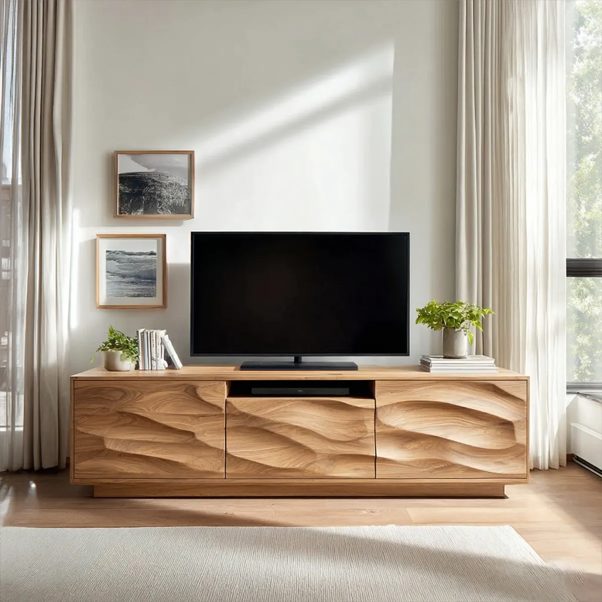 Handcrafted Solid Wood TV Stand with Sculpted Wave Cabinets and Center Media Storage - Rustirawood