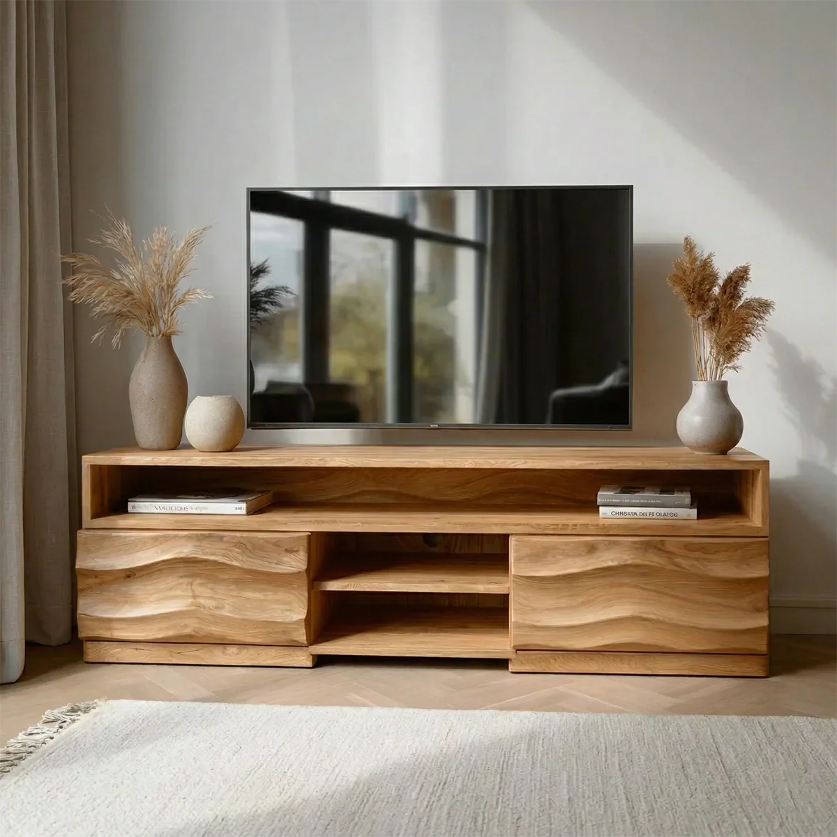 Handcrafted Solid Wood TV Stand with Sculpted Wave Cabinets and Layered Open Shelving - Rustirawood