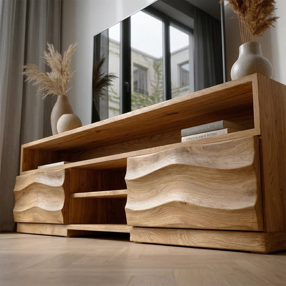 Handcrafted Solid Wood TV Stand with Sculpted Wave Cabinets and Layered Open Shelving - Rustirawood