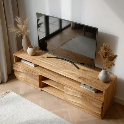 Handcrafted Solid Wood TV Stand with Sculpted Wave Cabinets and Layered Open Shelving - Rustirawood