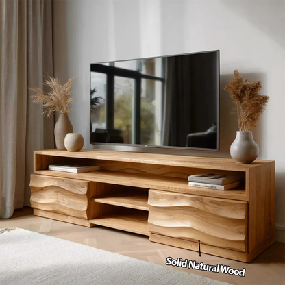 Handcrafted Solid Wood TV Stand with Sculpted Wave Cabinets and Layered Open Shelving - Rustirawood