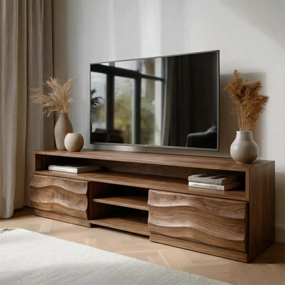 Handcrafted Solid Wood TV Stand with Sculpted Wave Cabinets and Layered Open Shelving - Rustirawood