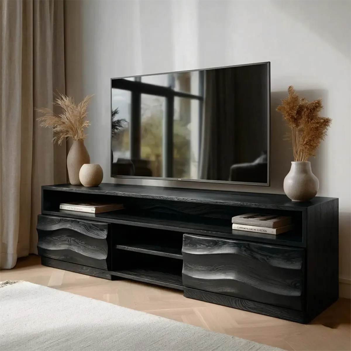 Handcrafted Solid Wood TV Stand with Sculpted Wave Cabinets and Layered Open Shelving - Rustirawood