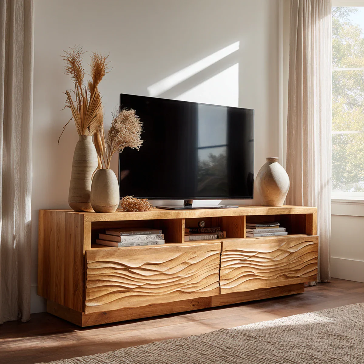Handcrafted Solid Wood TV Stand with Sculpted Wave Doors and Open Media Compartments - Rustirawood