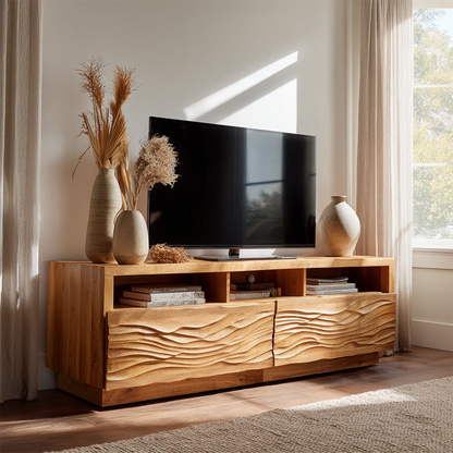 Handcrafted Solid Wood TV Stand with Sculpted Wave Doors and Open Media Compartments - Rustirawood