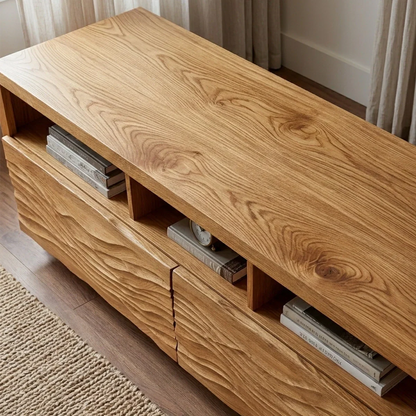 Handcrafted Solid Wood TV Stand with Sculpted Wave Doors and Open Media Compartments - Rustirawood