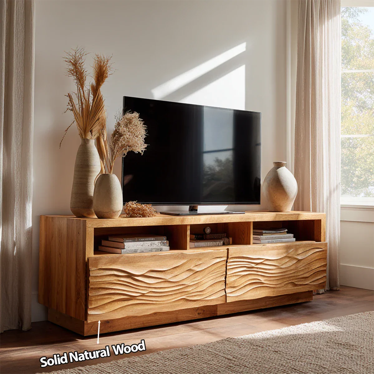 Handcrafted Solid Wood TV Stand with Sculpted Wave Doors and Open Media Compartments - Rustirawood