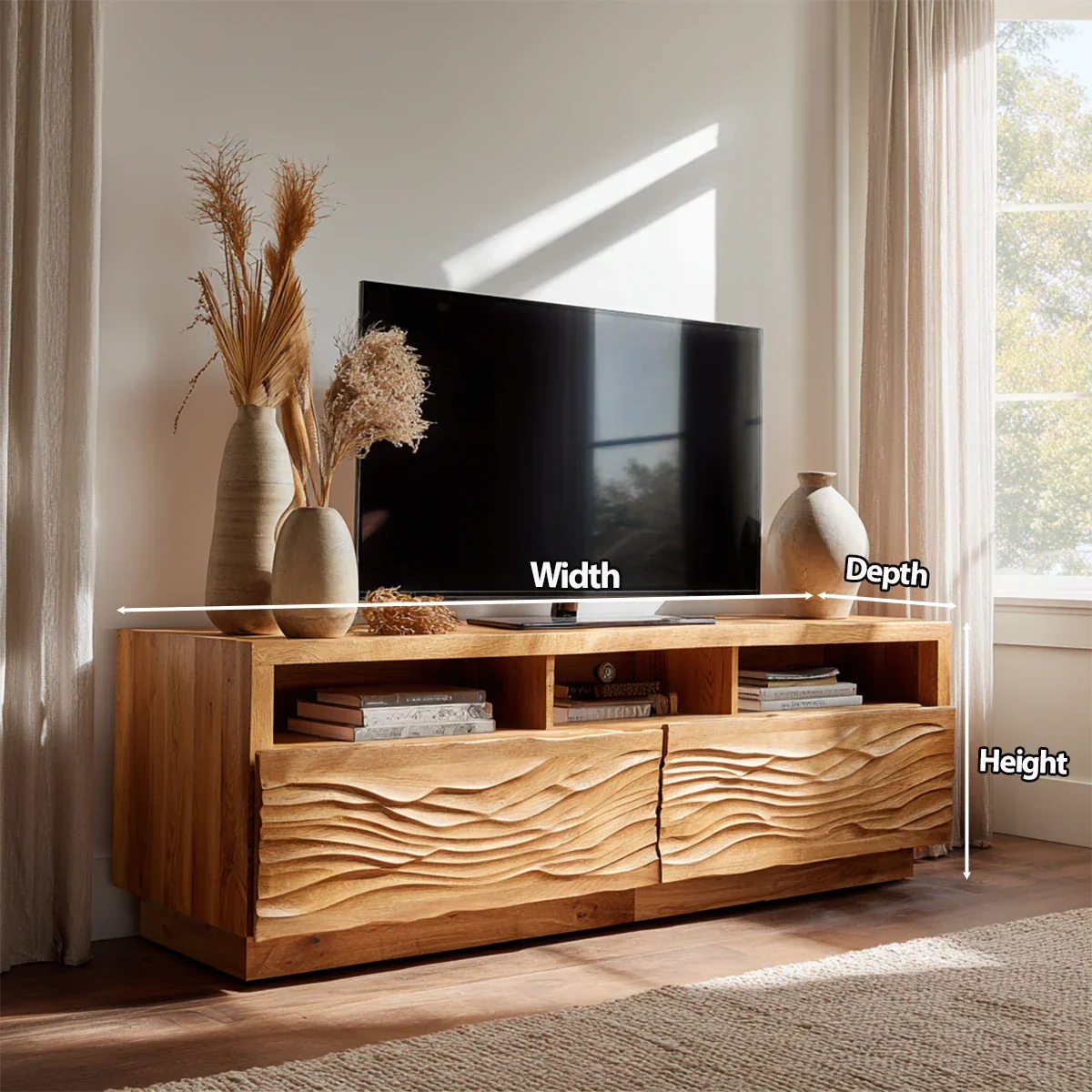 Handcrafted Solid Wood TV Stand with Sculpted Wave Doors and Open Media Compartments - Rustirawood
