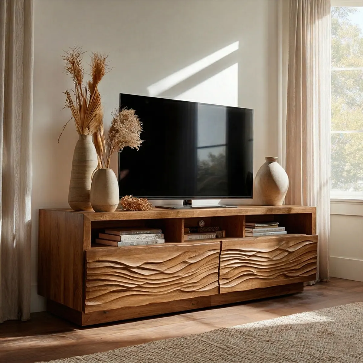 Handcrafted Solid Wood TV Stand with Sculpted Wave Doors and Open Media Compartments - Rustirawood