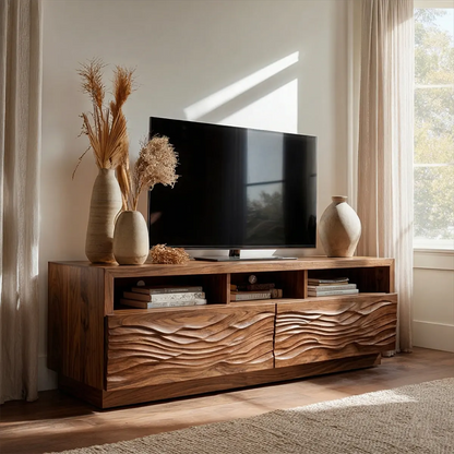 Handcrafted Solid Wood TV Stand with Sculpted Wave Doors and Open Media Compartments - Rustirawood