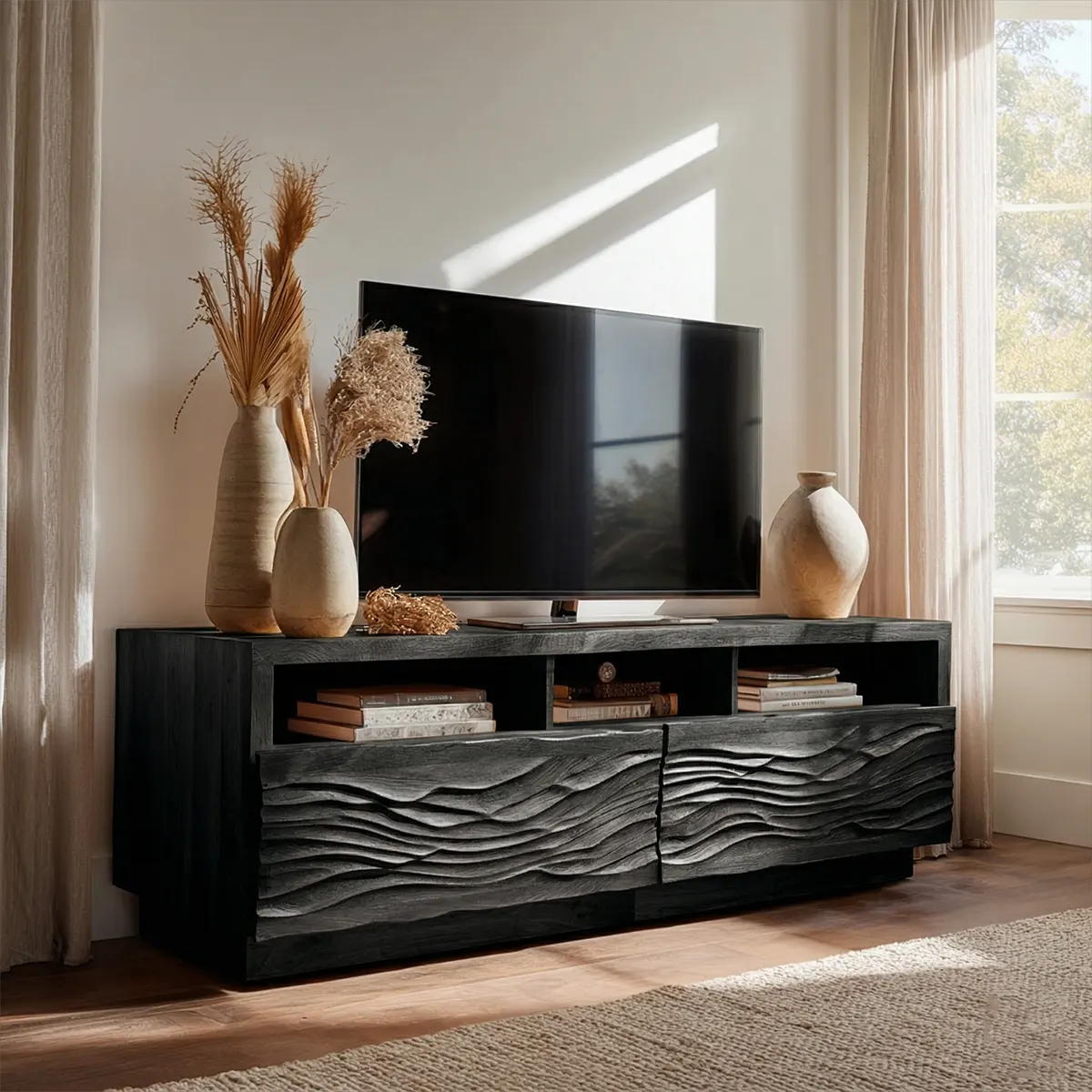 Handcrafted Solid Wood TV Stand with Sculpted Wave Doors and Open Media Compartments - Rustirawood