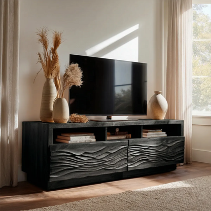 Handcrafted Solid Wood TV Stand with Sculpted Wave Doors and Open Media Compartments - Rustirawood