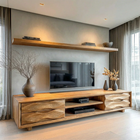 Handcrafted Solid Wood TV Stand with Sculpted Wave Drawers and Center Media Storage - Rustirawood