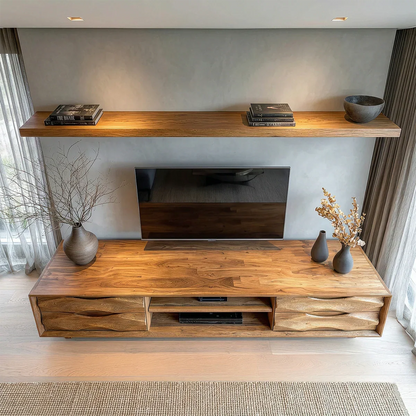 Handcrafted Solid Wood TV Stand with Sculpted Wave Drawers and Center Media Storage - Rustirawood