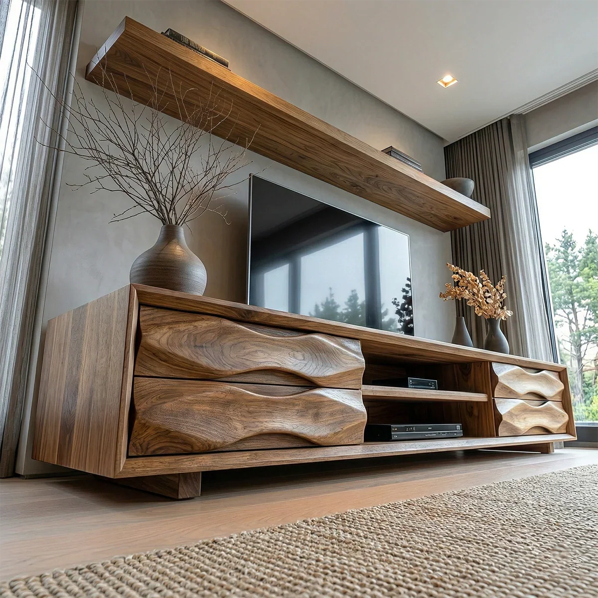Handcrafted Solid Wood TV Stand with Sculpted Wave Drawers and Center Media Storage - Rustirawood