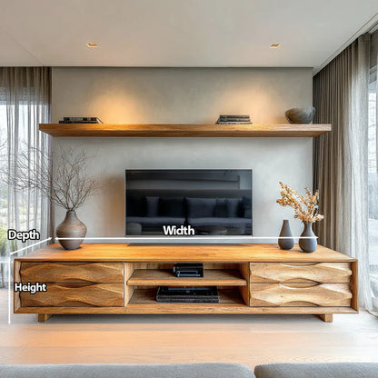Handcrafted Solid Wood TV Stand with Sculpted Wave Drawers and Center Media Storage - Rustirawood