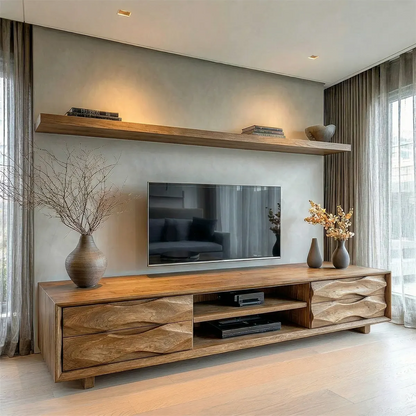Handcrafted Solid Wood TV Stand with Sculpted Wave Drawers and Center Media Storage - Rustirawood