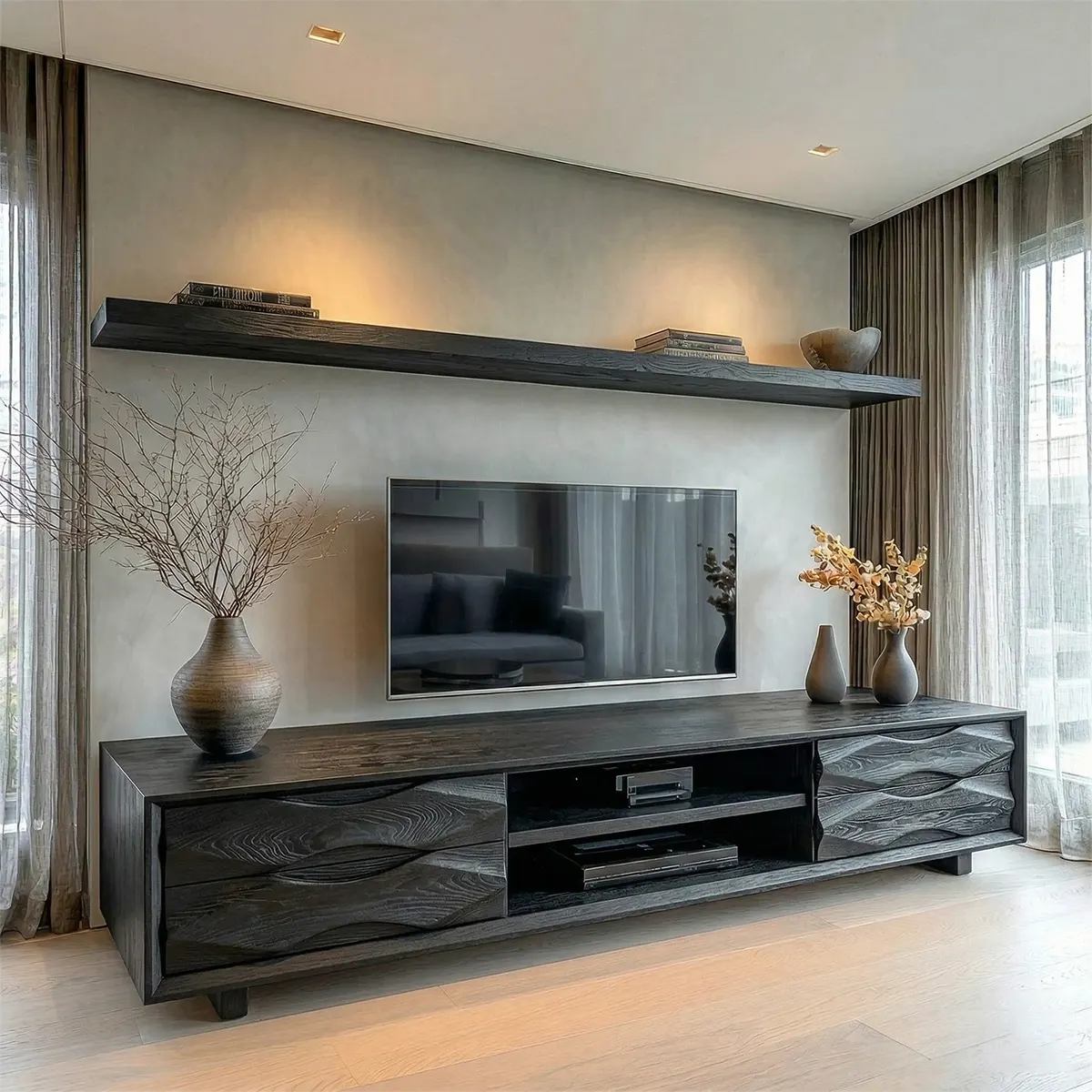 Handcrafted Solid Wood TV Stand with Sculpted Wave Drawers and Center Media Storage - Rustirawood