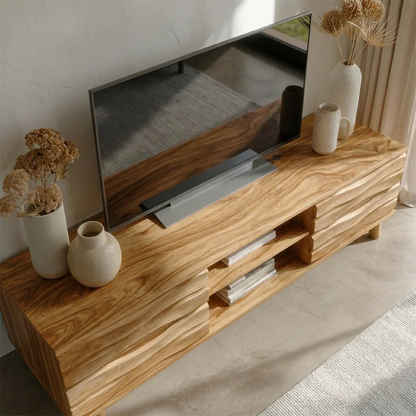 Handcrafted Solid Wood TV Stand with Sculpted Wave Drawers and Center Open Shelving - Rustirawood