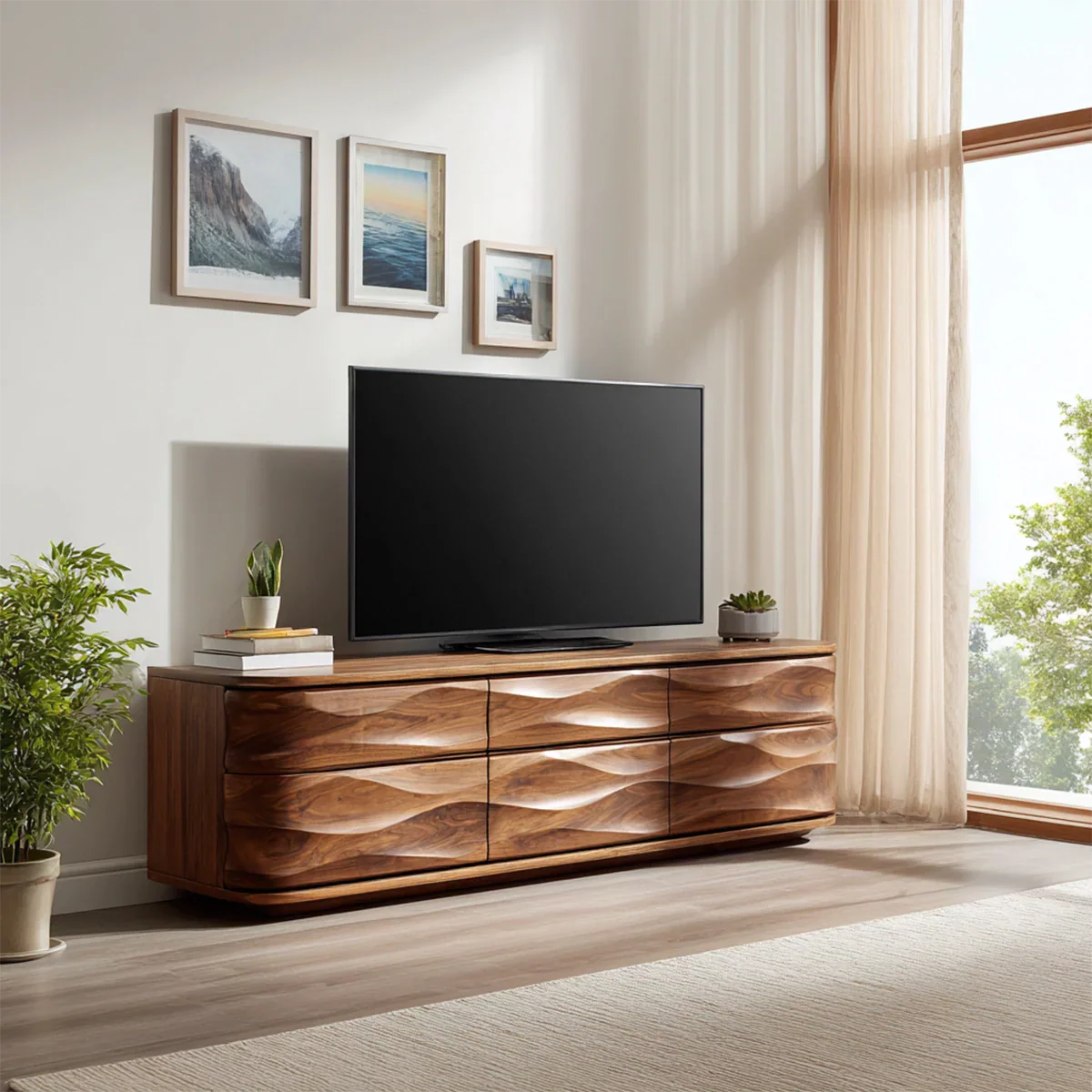 Handcrafted Solid Wood TV Stand with Sculpted Wave Drawers and Full Storage Cabinet - Rustirawood