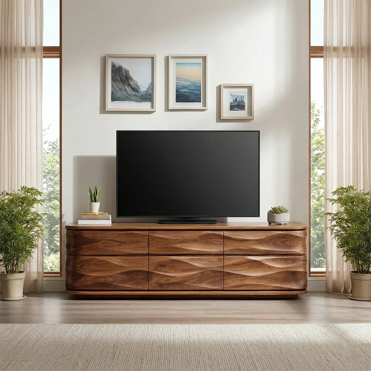 Handcrafted Solid Wood TV Stand with Sculpted Wave Drawers and Full Storage Cabinet - Rustirawood