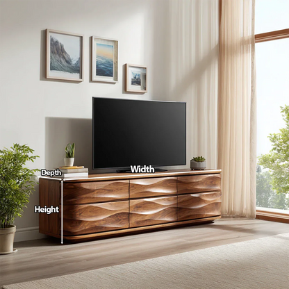 Handcrafted Solid Wood TV Stand with Sculpted Wave Drawers and Full Storage Cabinet - Rustirawood