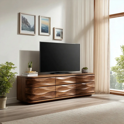 Handcrafted Solid Wood TV Stand with Sculpted Wave Drawers and Full Storage Cabinet - Rustirawood
