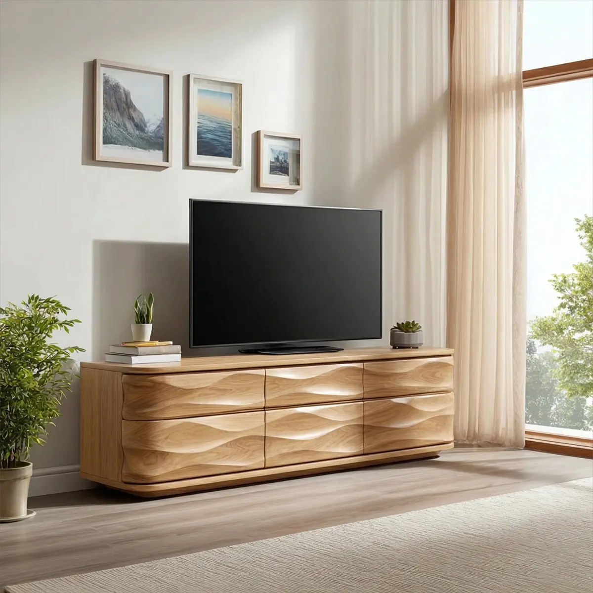 Handcrafted Solid Wood TV Stand with Sculpted Wave Drawers and Full Storage Cabinet - Rustirawood