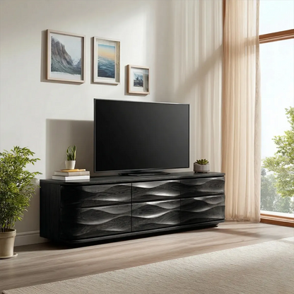 Handcrafted Solid Wood TV Stand with Sculpted Wave Drawers and Full Storage Cabinet - Rustirawood