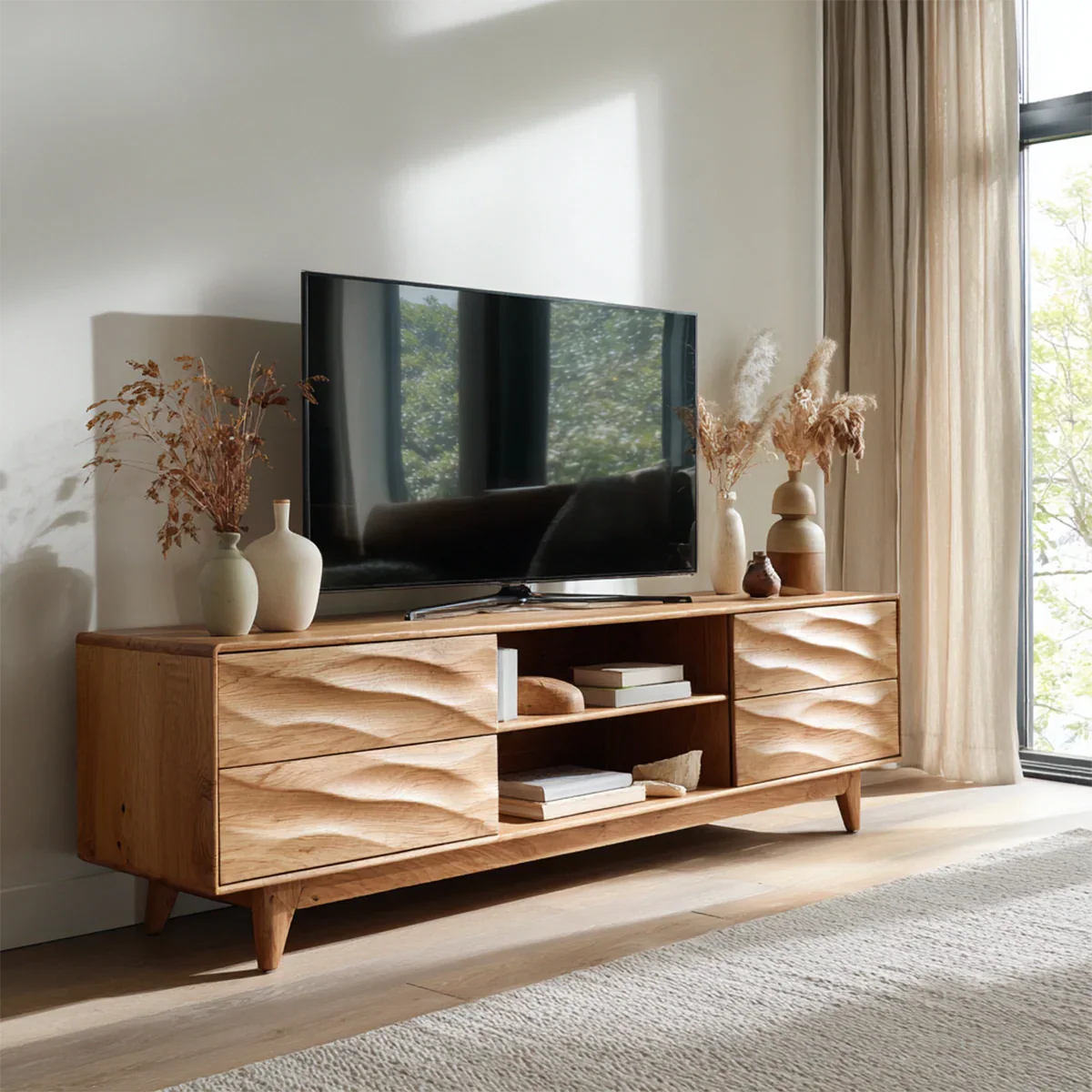 Handcrafted Solid Wood TV Stand with Sculpted Wave Drawers and Mid Century Frame - Rustirawood