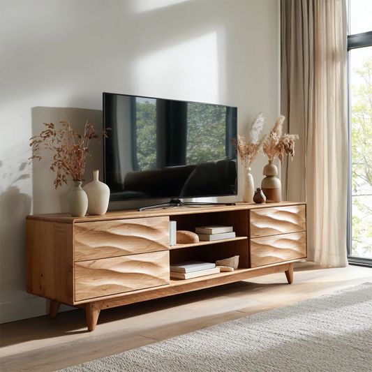Handcrafted Solid Wood TV Stand with Sculpted Wave Drawers and Mid Century Frame - Rustirawood