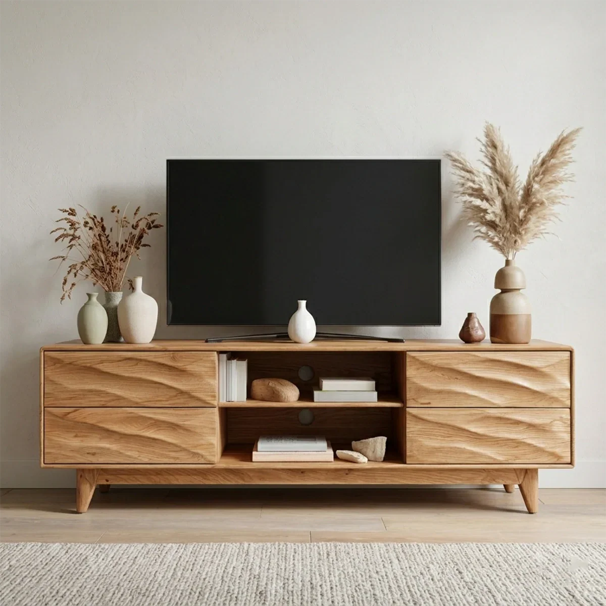 Handcrafted Solid Wood TV Stand with Sculpted Wave Drawers and Mid Century Frame - Rustirawood