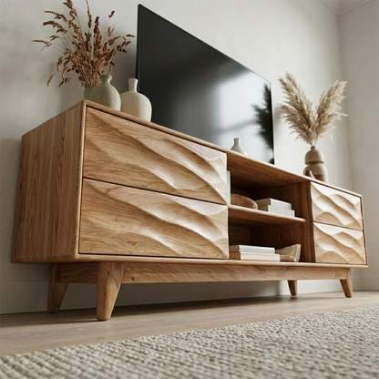 Handcrafted Solid Wood TV Stand with Sculpted Wave Drawers and Mid Century Frame - Rustirawood