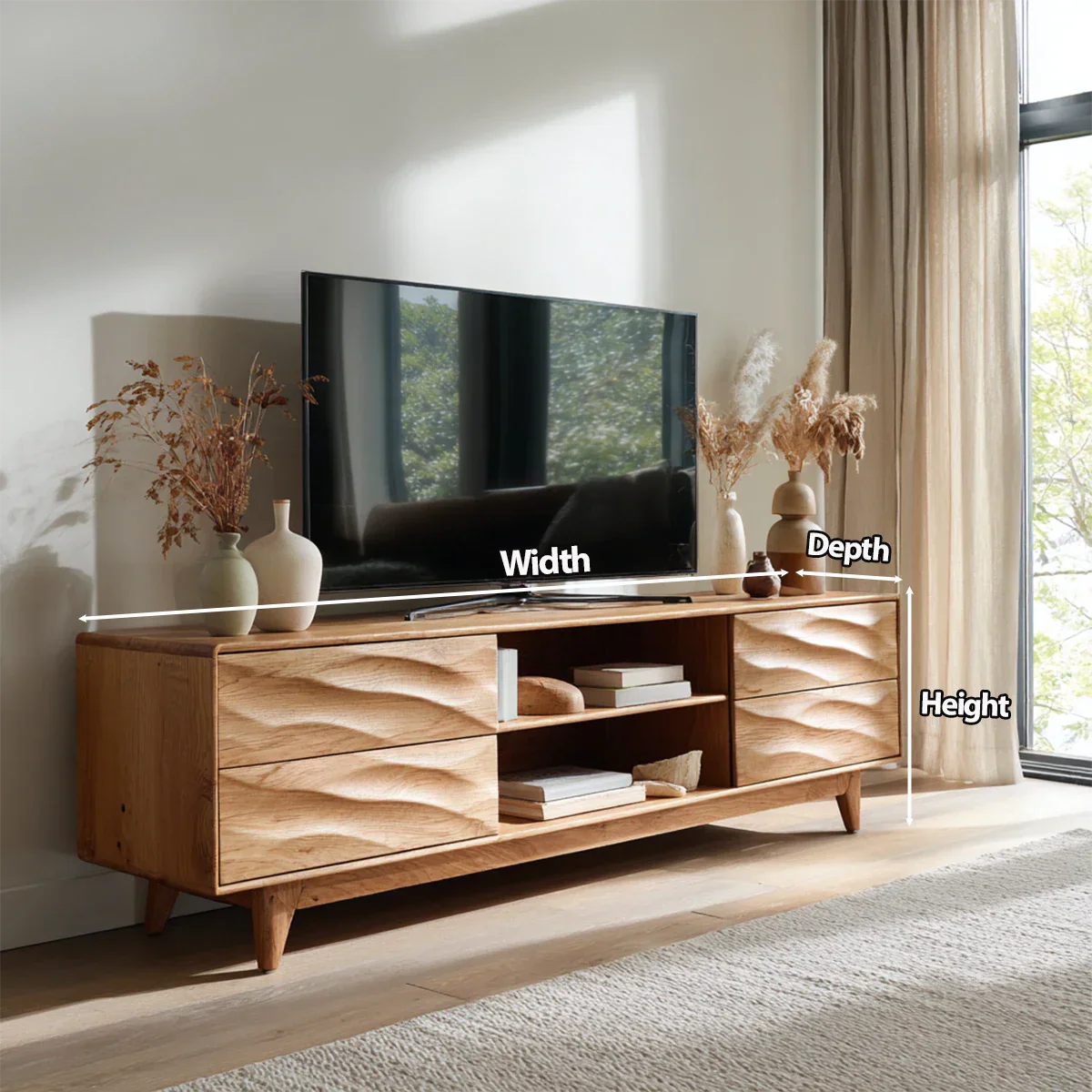 Handcrafted Solid Wood TV Stand with Sculpted Wave Drawers and Mid Century Frame - Rustirawood