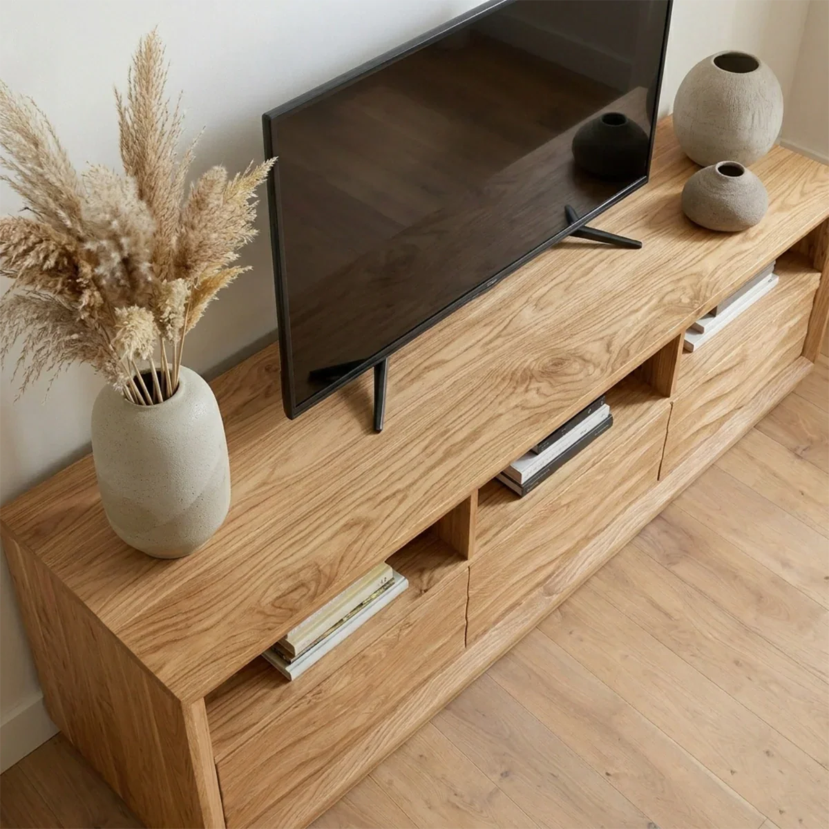 Handcrafted Solid Wood TV Stand with Sculpted Wave Drawers and Multi Open Media Compartments - Rustirawood