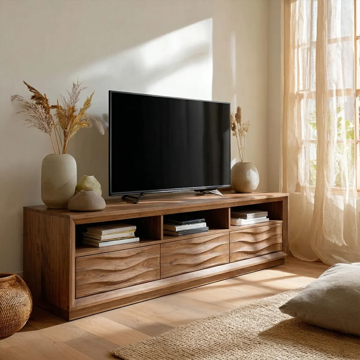 Handcrafted Solid Wood TV Stand with Sculpted Wave Drawers and Multi Open Media Compartments - Rustirawood
