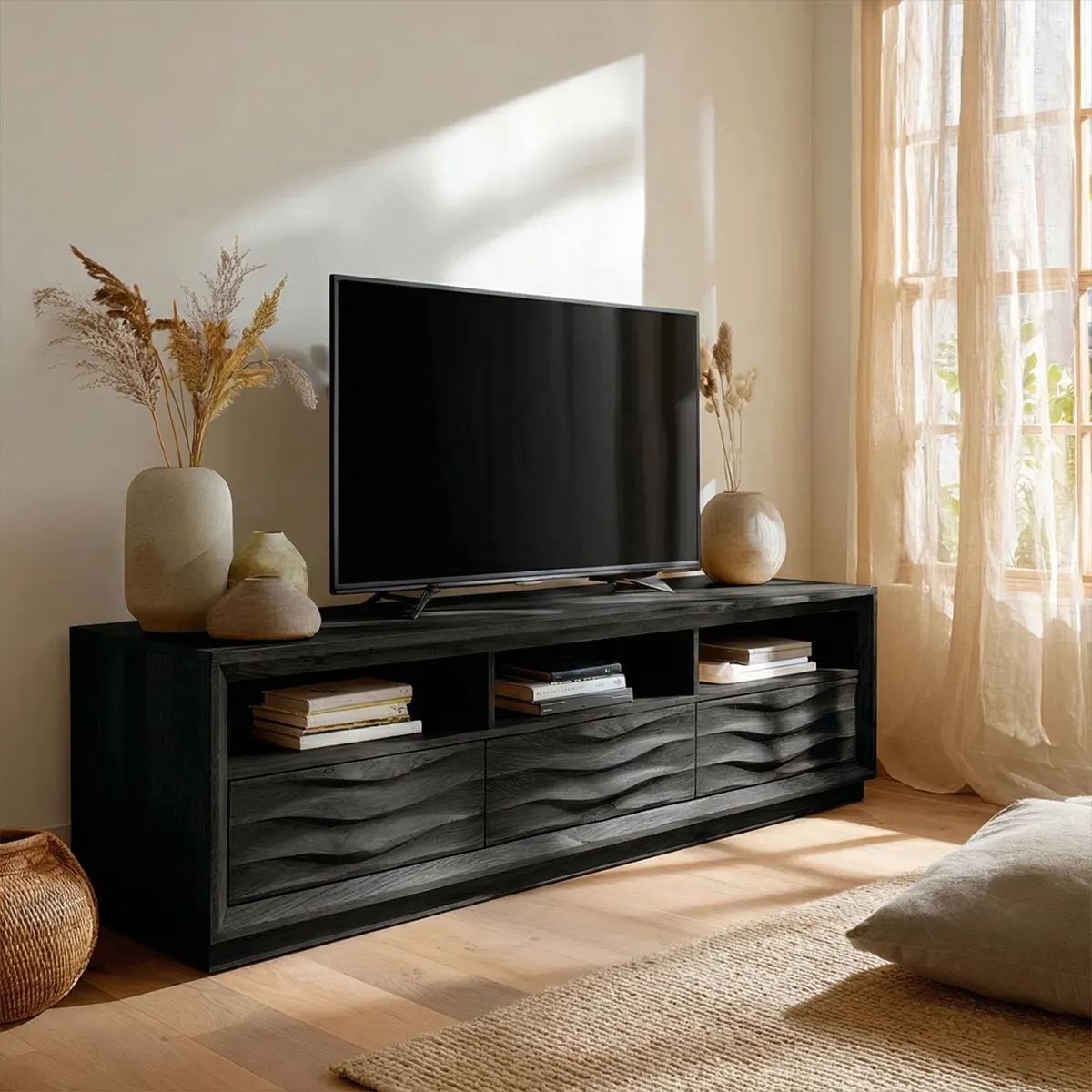 Handcrafted Solid Wood TV Stand with Sculpted Wave Drawers and Multi Open Media Compartments - Rustirawood