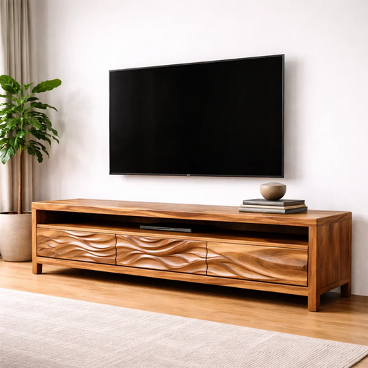 Handcrafted Solid Wood TV Stand with Sculpted Wave Drawers and Open Media Shelf - Woodrooted