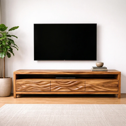 Handcrafted Solid Wood TV Stand with Sculpted Wave Drawers and Open Media Shelf - Rustirawood