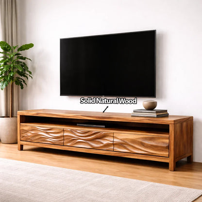 Handcrafted Solid Wood TV Stand with Sculpted Wave Drawers and Open Media Shelf - Rustirawood