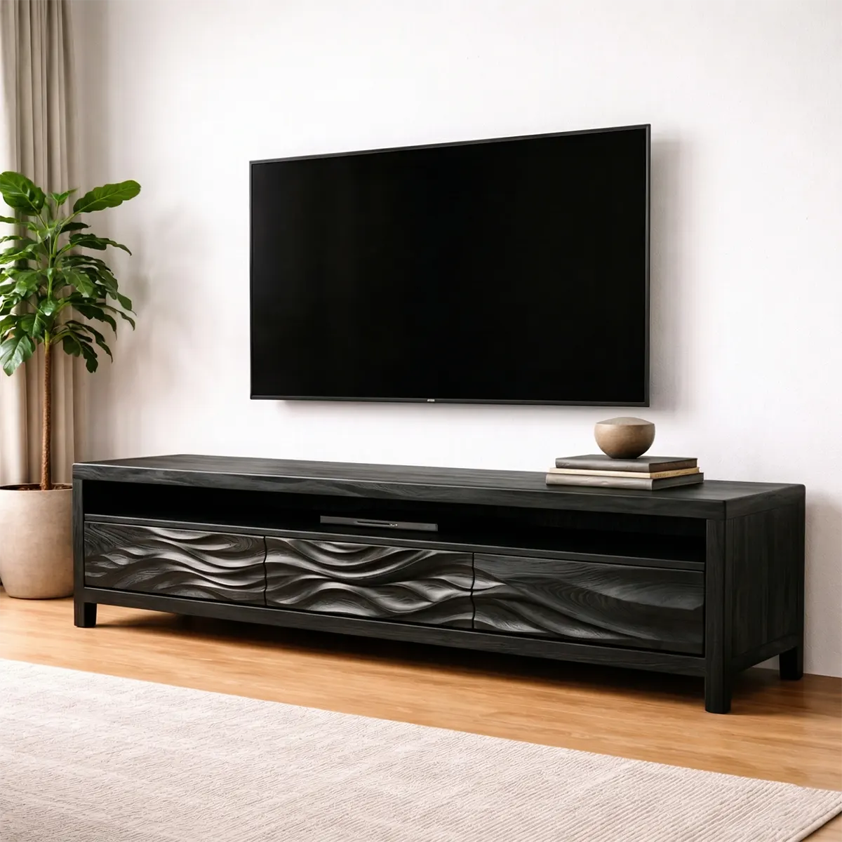 Handcrafted Solid Wood TV Stand with Sculpted Wave Drawers and Open Media Shelf - Rustirawood