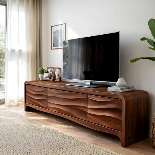 Handcrafted Solid Wood TV Stand with Sculpted Wave Panels and Rounded Frame Design - Woodrooted