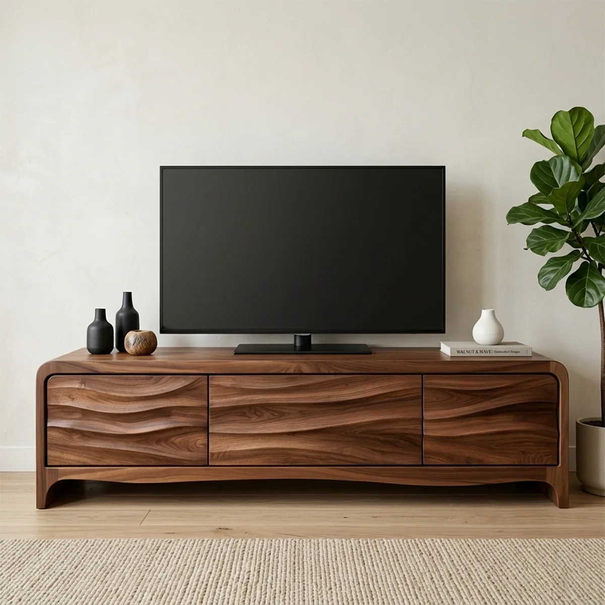 Handcrafted Solid Wood TV Stand with Sculpted Wave Panels and Rounded Frame Design - Rustirawood