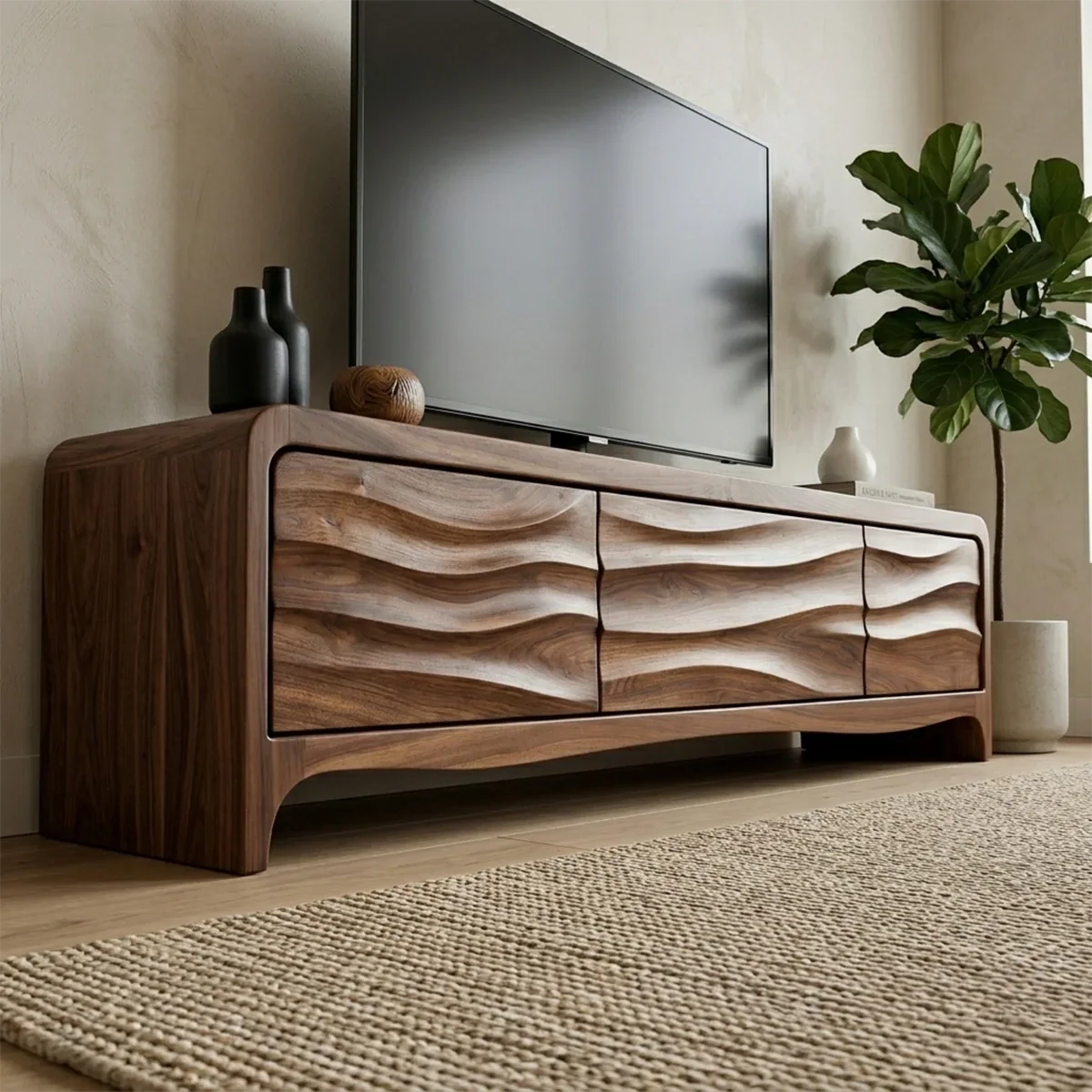 Handcrafted Solid Wood TV Stand with Sculpted Wave Panels and Rounded Frame Design - Rustirawood